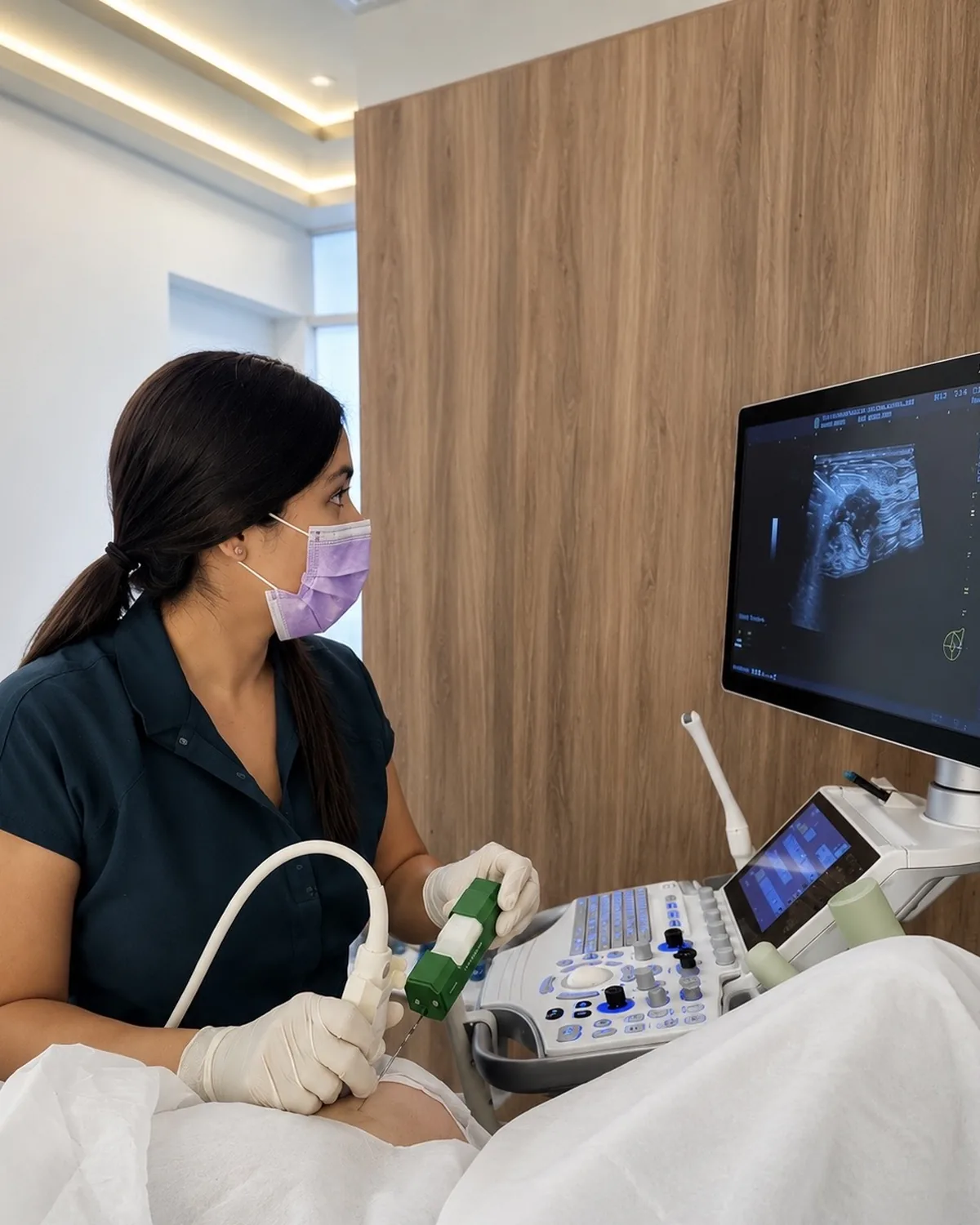 La Dra. Karen Rojas realizando una biopsia de mama guiada por ultrasonido