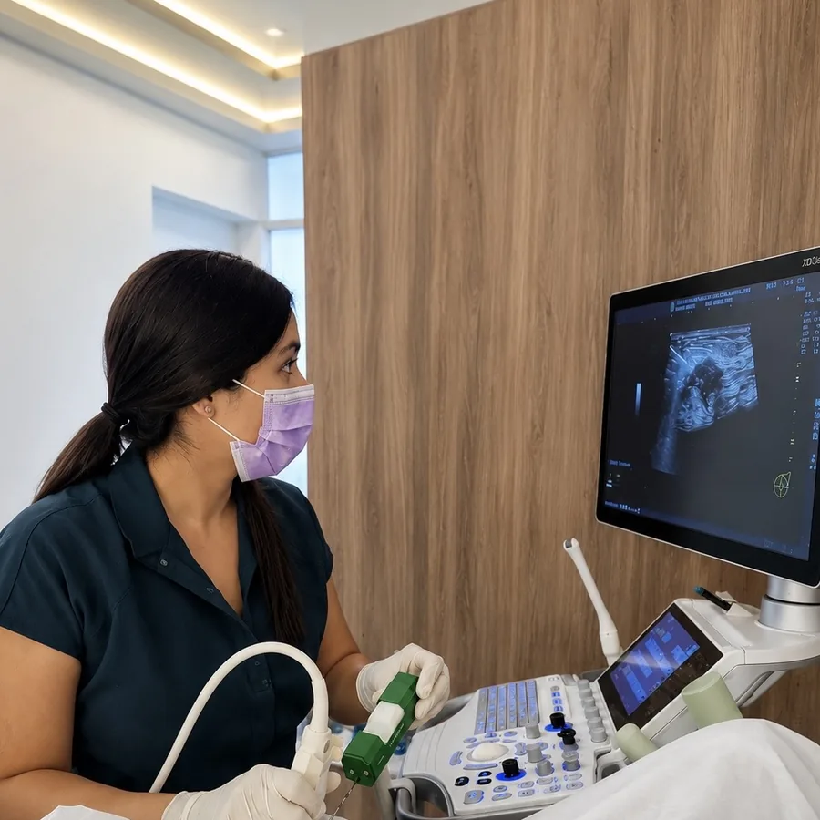 Aguja de biopsia y transductor de ultrasonido durante el procedimiento